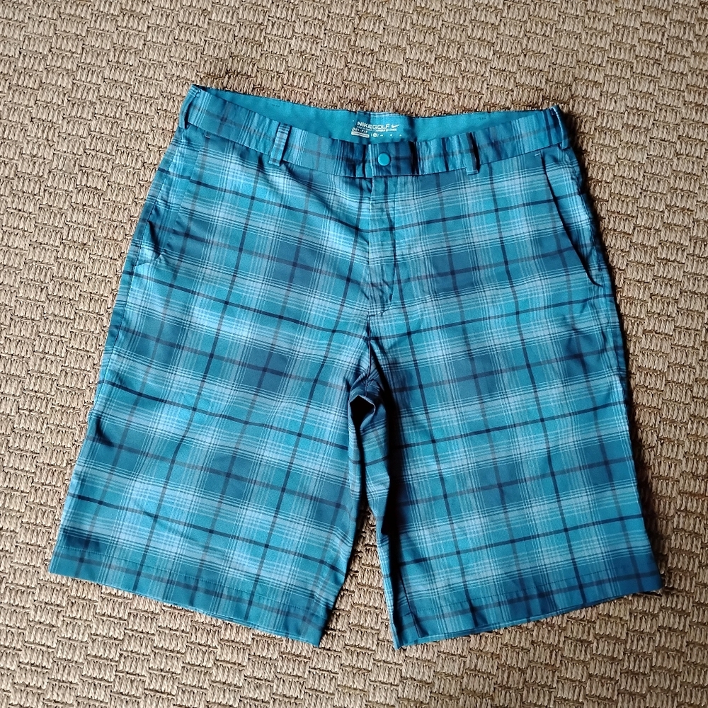 Nike Men's Teal Plaid Flat-Front Dri Fit Golf Shorts SZ 36